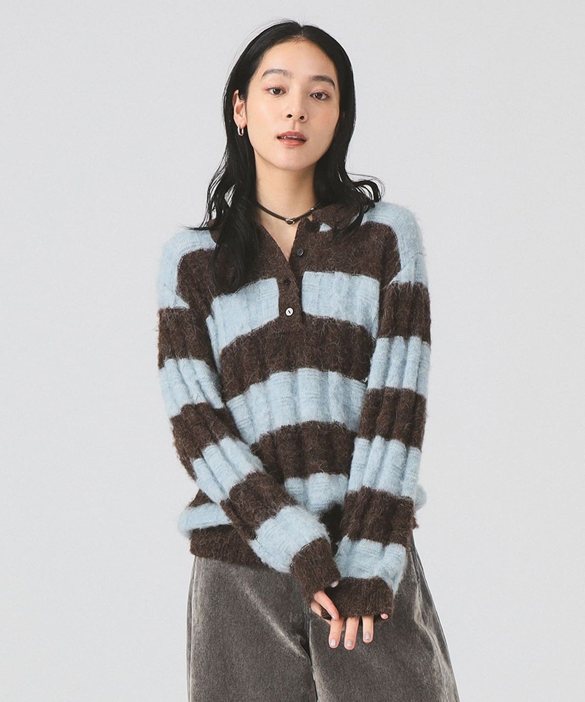 ワイド ボーダー ポロ ニット トップス WOMEN BLUE ONE SIZE ワイド ボーダー ポロ ニット トップス WOMEN BLUE ONE SIZE