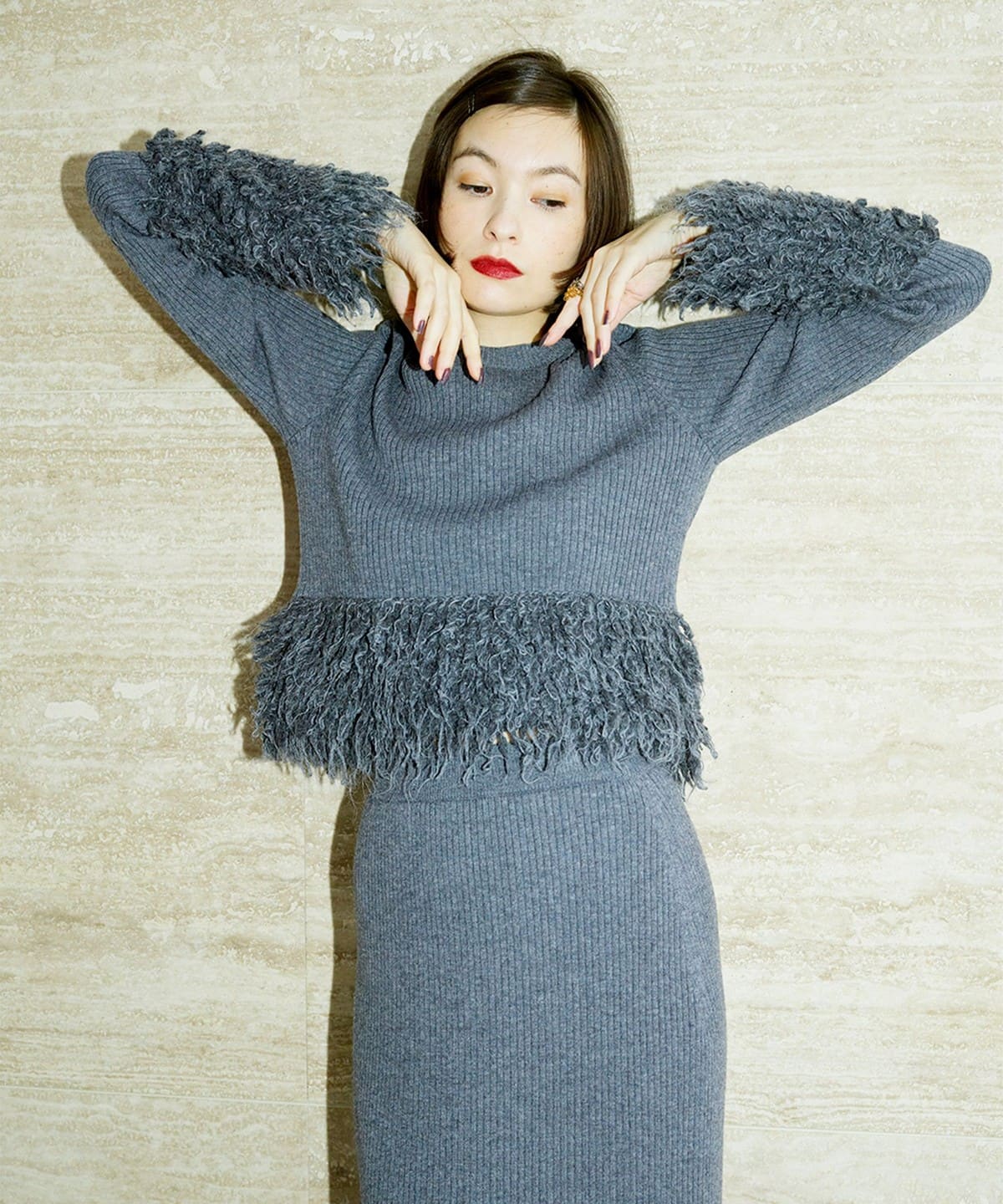RBS アールビーエス / フリンジ キリカエ クルーネック ニット トップス WOMEN GREY ONE SIZE RBS アールビーエス / フリンジ キリカエ クルーネック ニット トップス WOMEN GREY ONE SIZE