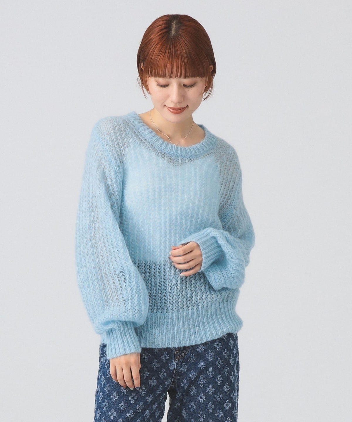 モヘヤ タッチ シアー クルーネック ニット トップス WOMEN BLUE ONE SIZE モヘヤ タッチ シアー クルーネック ニット トップス WOMEN BLUE ONE SIZE