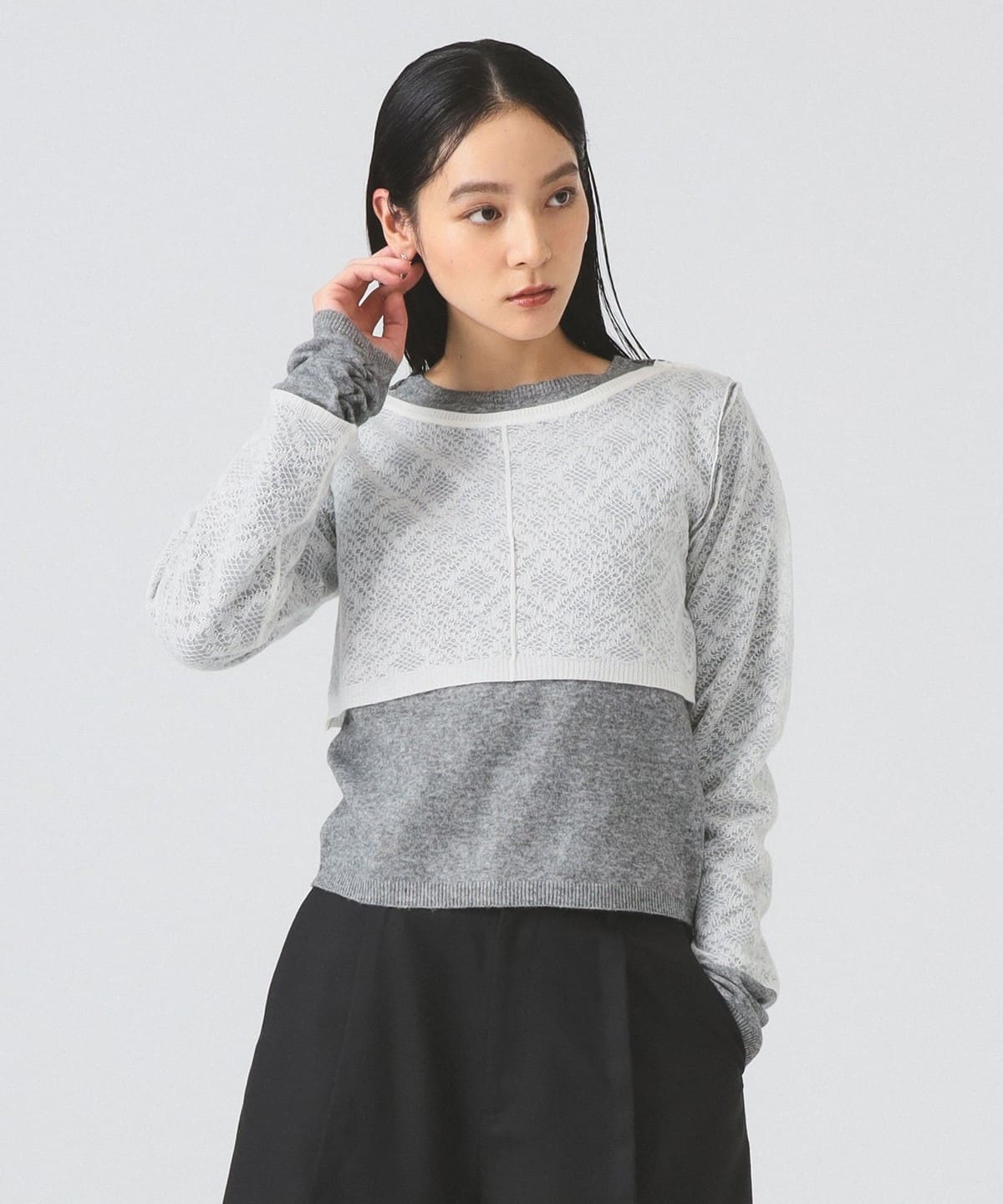レース編み レイヤード プルオーバー トップス WOMEN GREY ONE SIZE レース編み レイヤード プルオーバー トップス WOMEN GREY ONE SIZE