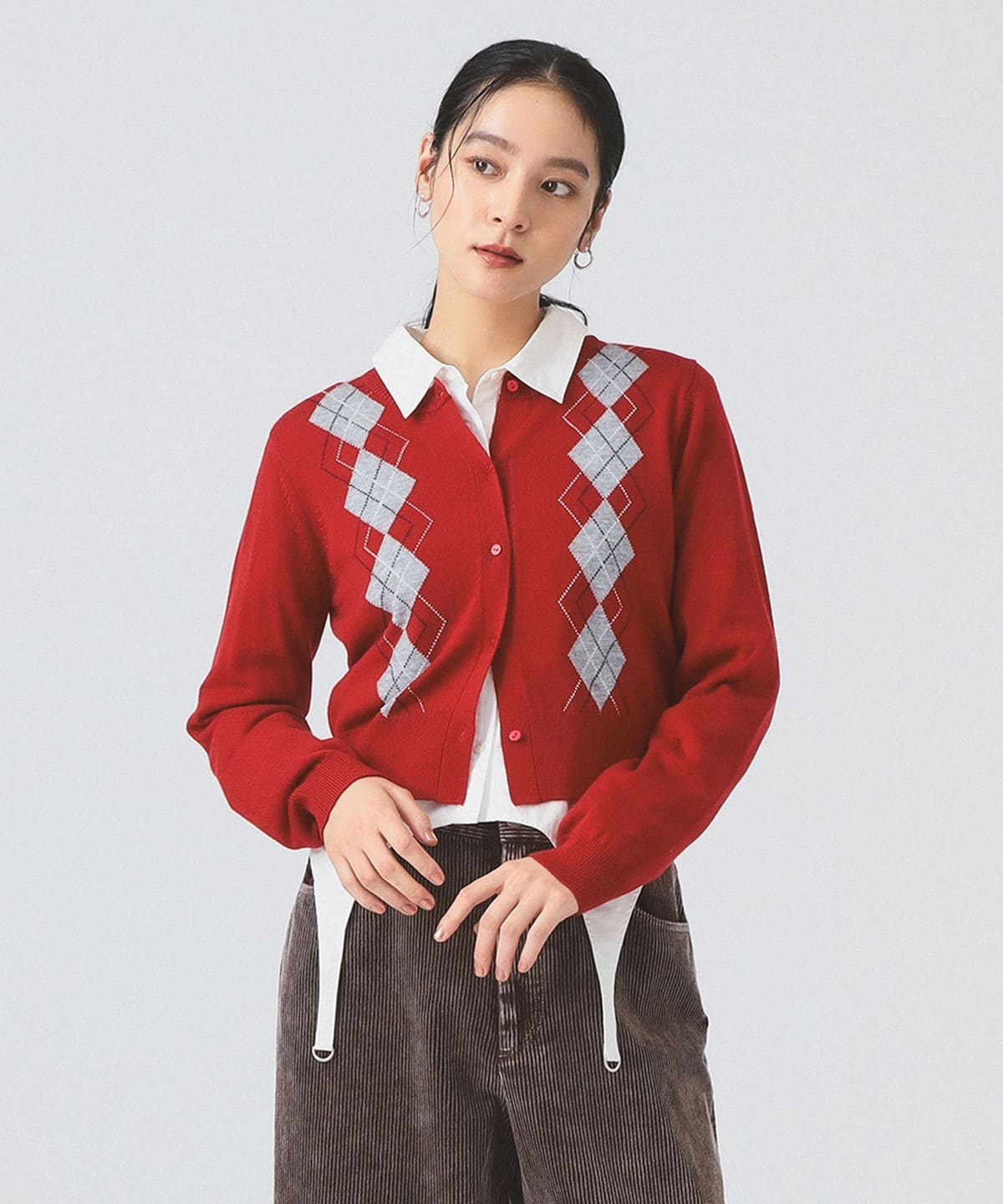 アーガイル クルーネック カーディガン トップス WOMEN RED ONE SIZE アーガイル クルーネック カーディガン トップス WOMEN RED ONE SIZE