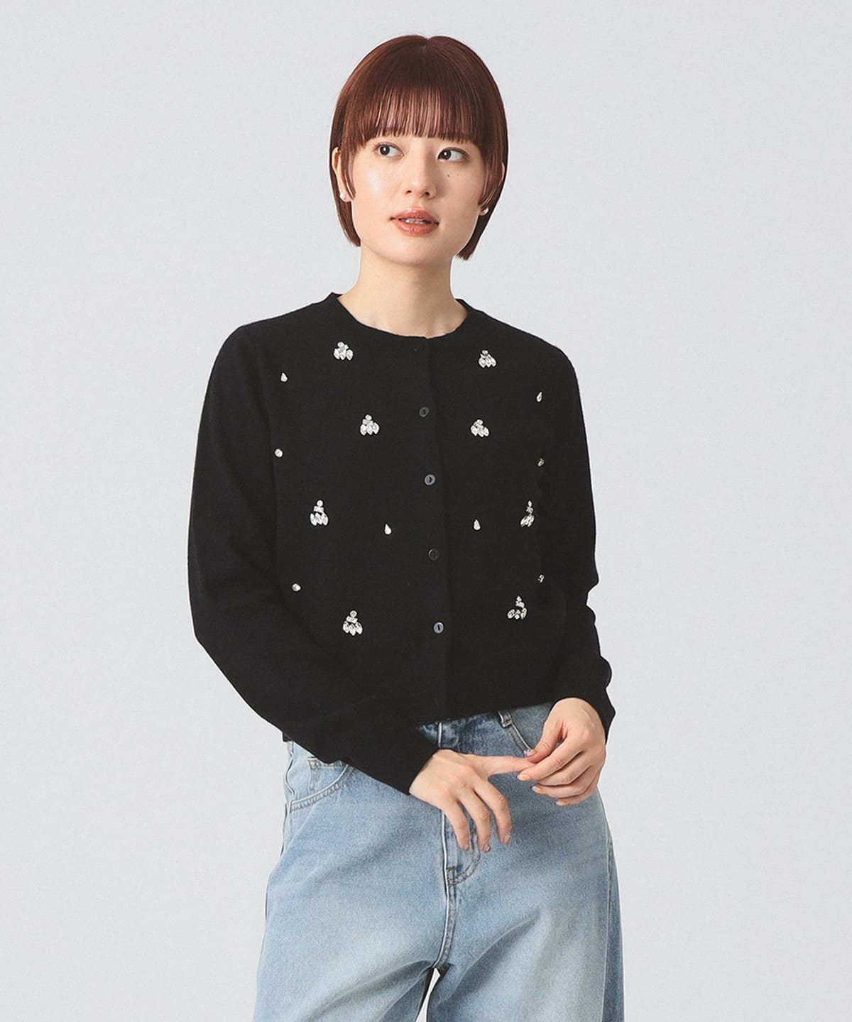 ビジュー クルーネック カーディガン トップス WOMEN BLACK ONE SIZE ビジュー クルーネック カーディガン トップス WOMEN BLACK ONE SIZE