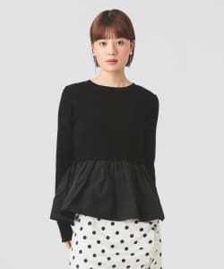 【+10%ポイントUP】リブ ギャザー キリカエ クルーネック トップス