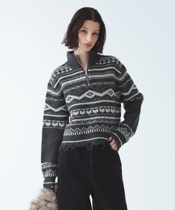 ノルディック柄 ハーフジップ ニット Model：H174.5 B78 W57 H87　Size：ONE SIZE