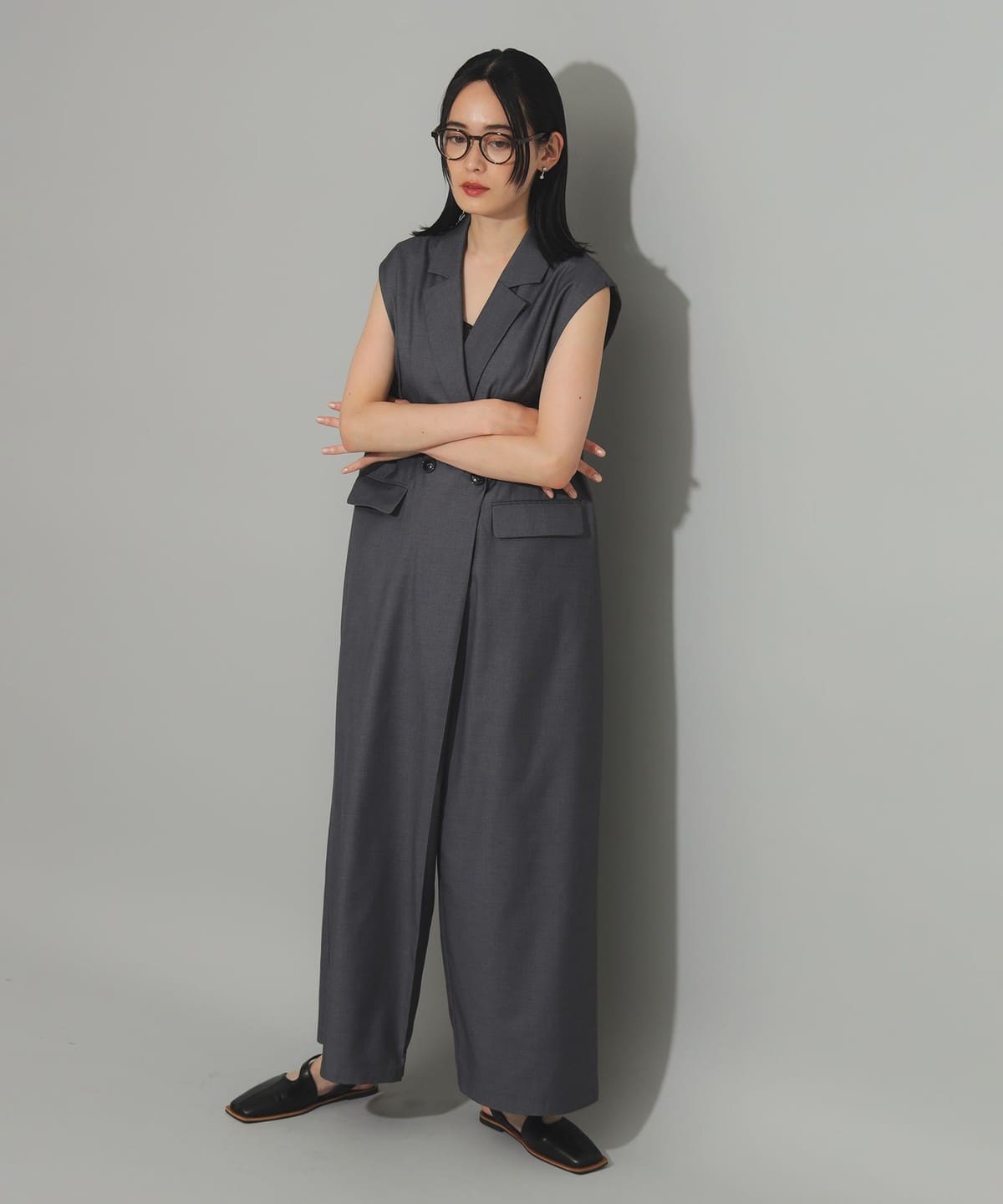 24SS 完売品✨レイビームス テーラードカラー サロペット 手洗い可 グレー1 Ray BEAMS（レイ ビームス）テーラードカラー サロペット