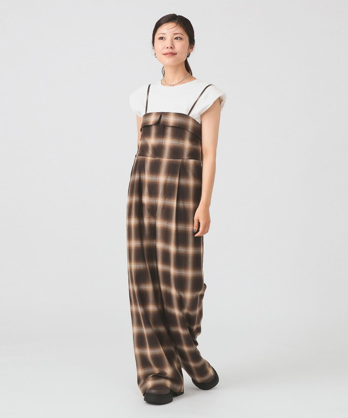チェック キャミソール サロペット パンツ WOMEN BROWN 1 チェック キャミソール サロペット パンツ WOMEN BROWN 1
