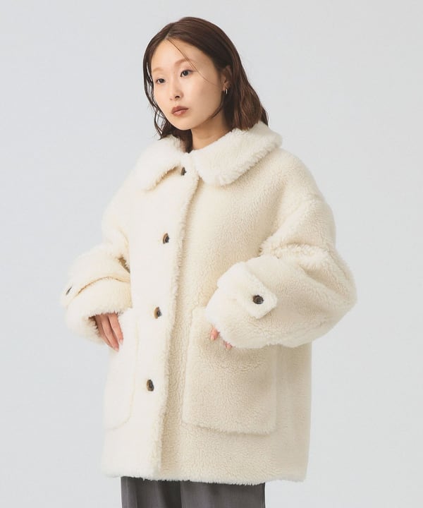 Ray BEAMS ブラックレザーボアコート Ray BEAMS（レイ ビームス）ボア ビッグ ポケット ハーフ コート