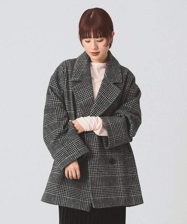 【新品】Ray BEAMS ネイビー　ウール　Aラインドルマンハーフコート Ray BEAMS（レイ ビームス）チェック ビーバー ダブル ハーフ