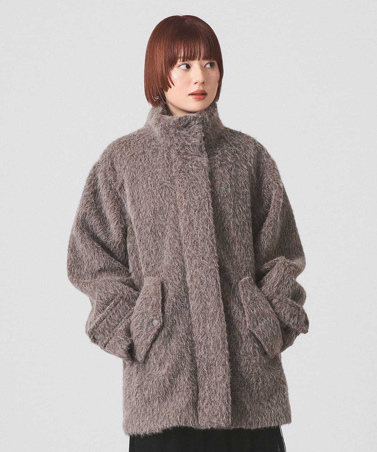 Ray BEAMS（レイ ビームス）シャギー スタンドカラー ハーフ コート