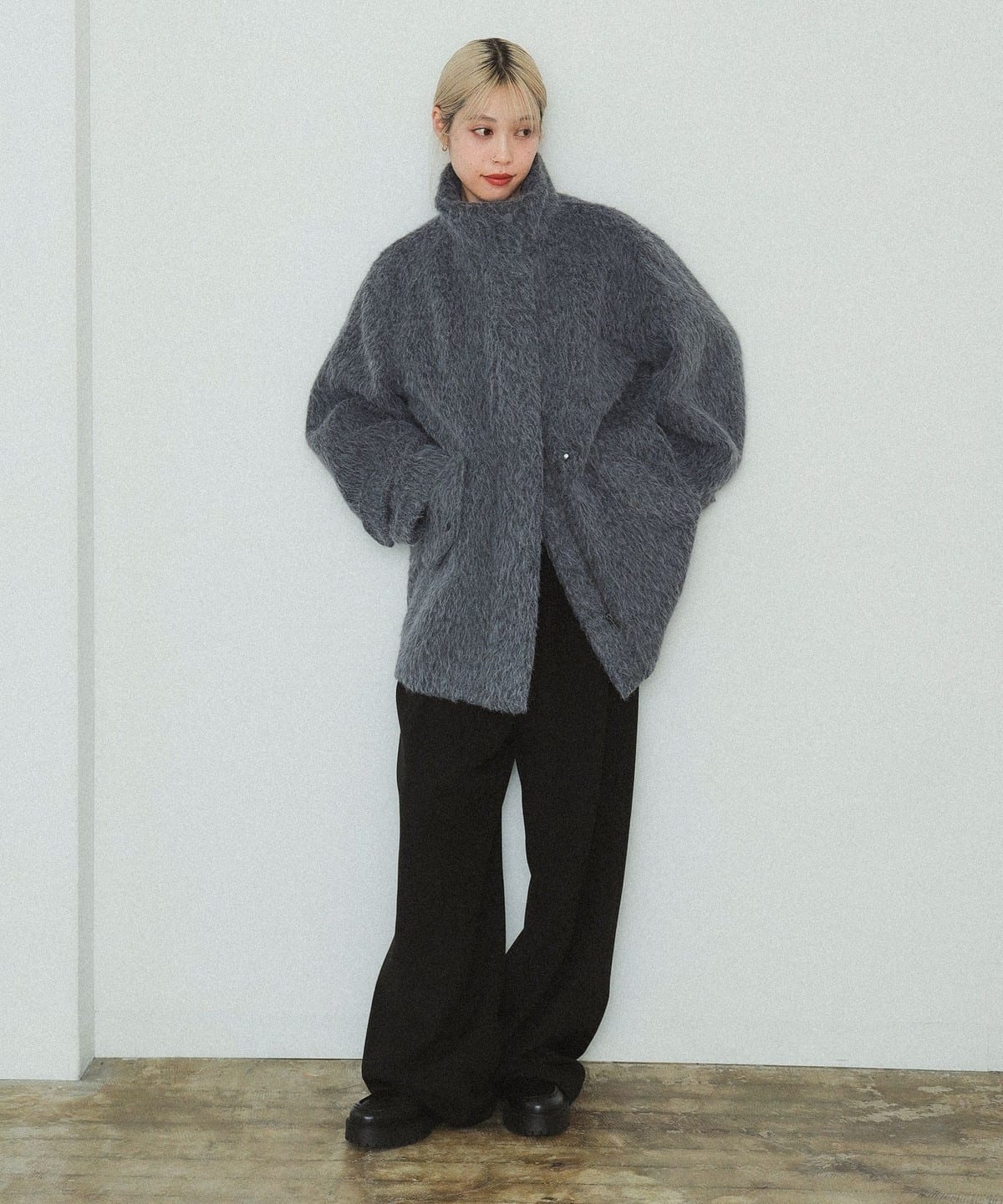 Ray BEAMS（レイ ビームス）シャギー スタンドカラー ハーフ コート