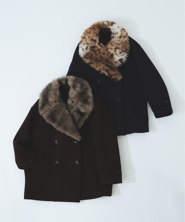 フェイク ファーカラー ピーコート 左:BROWN