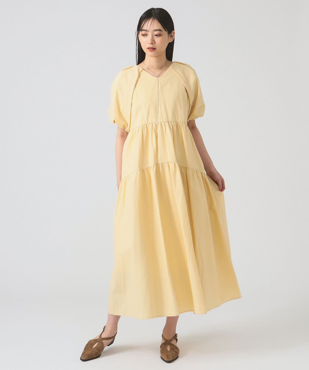 サッカー パフスリーブ Vネック ワンピース ワンピース WOMEN YELLOW 1 サッカー パフスリーブ Vネック ワンピース ワンピース WOMEN YELLOW 1