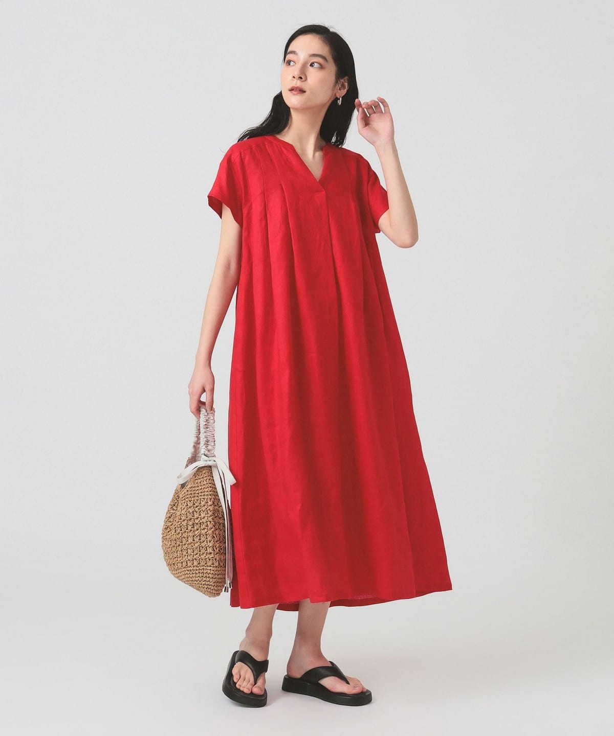 リネン タック キーネック ワンピース ワンピース WOMEN RED ONE SIZE リネン タック キーネック ワンピース ワンピース WOMEN RED ONE SIZE