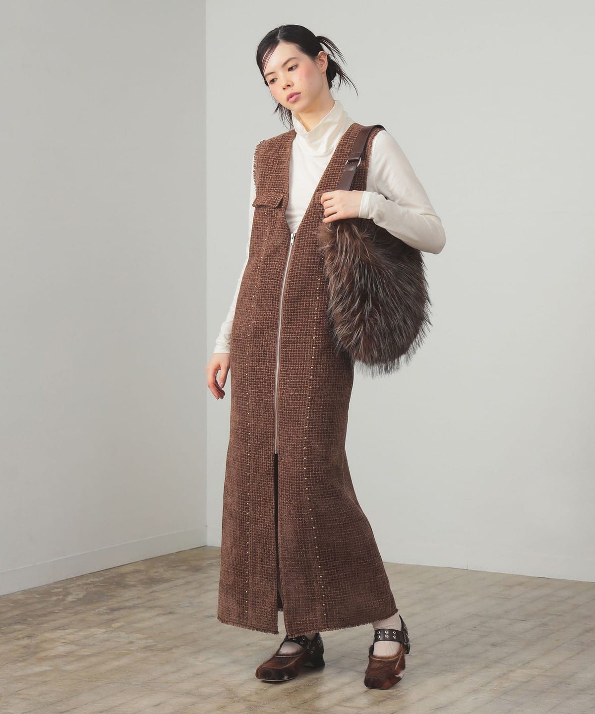 ツイード スタッズ ノースリーブ ワンピース ワンピース WOMEN BROWN 1 ツイード スタッズ ノースリーブ ワンピース ワンピース WOMEN BROWN 1