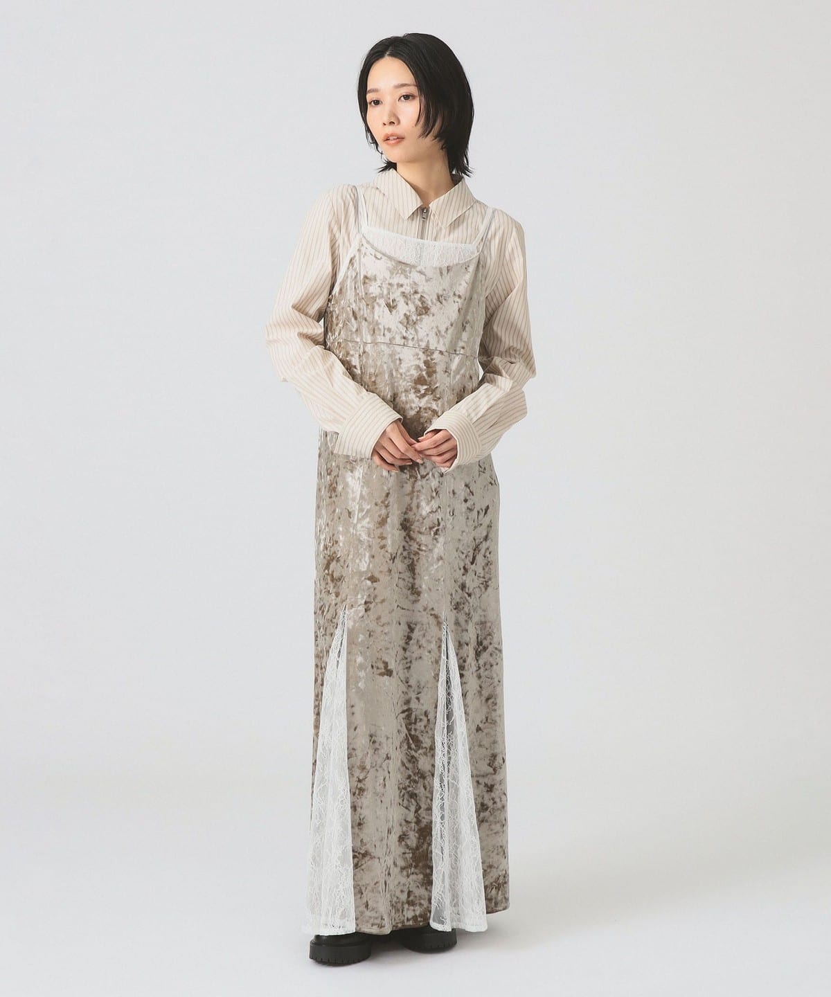 ベロア レース レイヤー ワンピース ワンピース WOMEN BEIGE 1 ベロア レース レイヤー ワンピース ワンピース WOMEN BEIGE 1