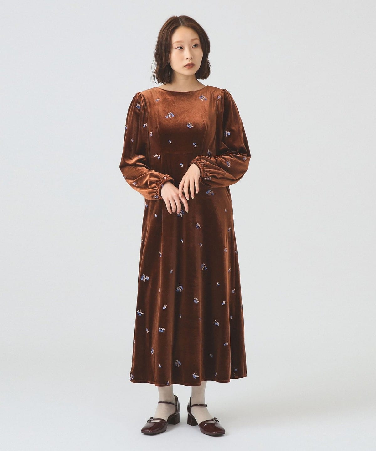 ベロア 刺繍 ワンピース ワンピース WOMEN BROWN 0