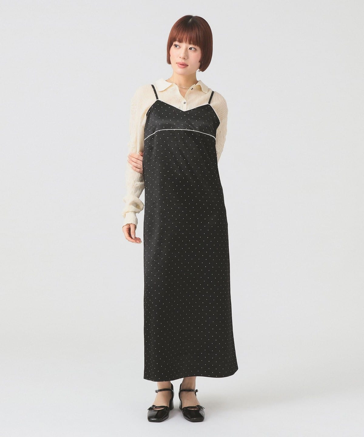 Ray BEAMS サテンドットキャミワンピース ブラック Ray BEAMS Ray BEAMS Dot Cami Dress (Dress, Cami, Sleeveless Dress