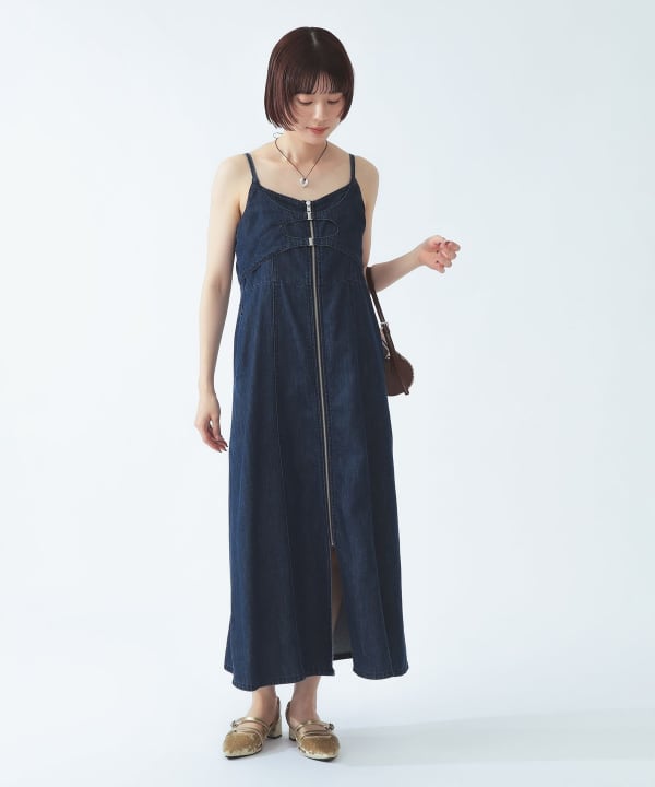 【8/6再値下げ】デニム ジップ フレア ワンピース BEAMS STAFF：H164　Size：ONE SIZE