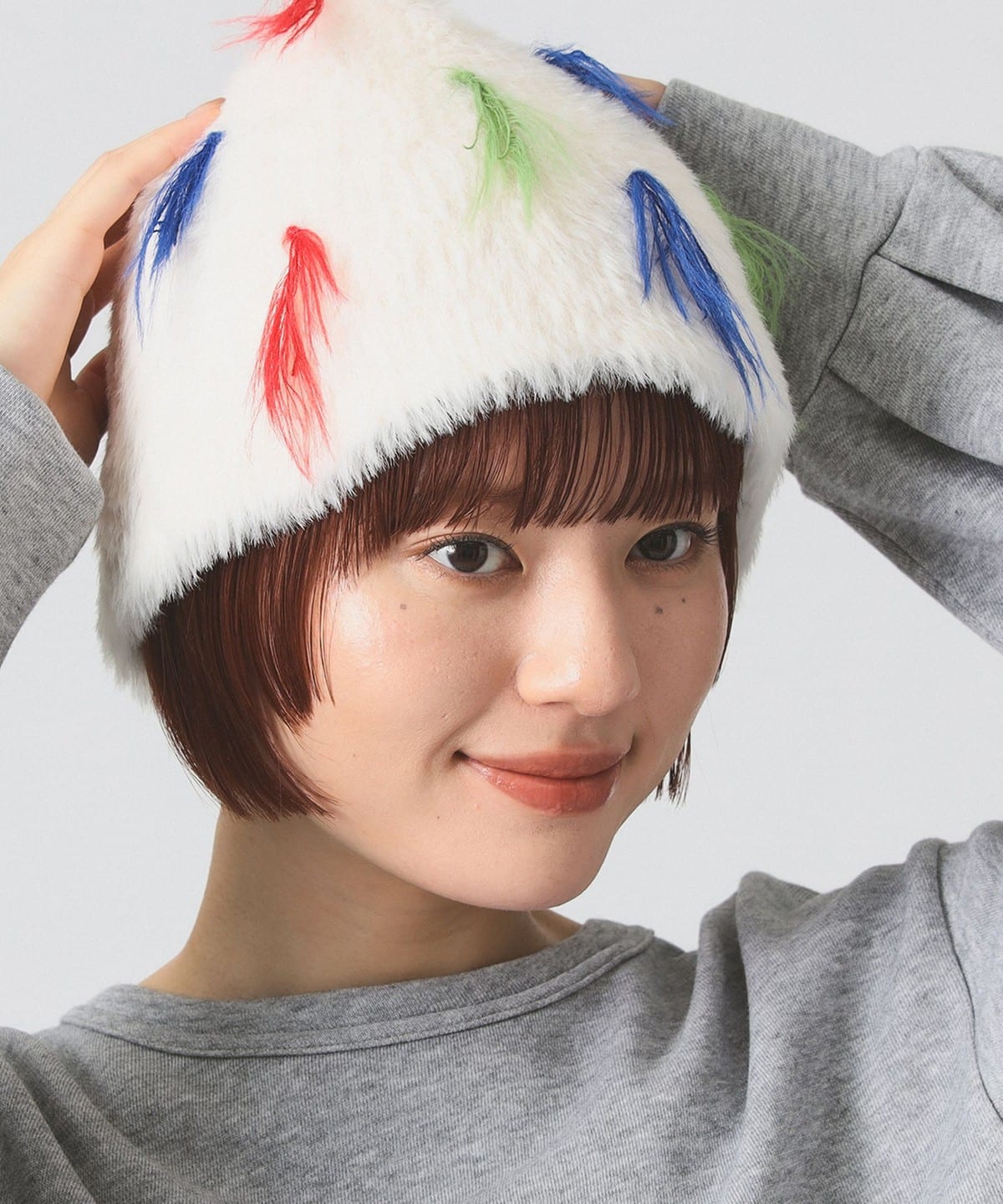 カラー フリンジ ニット帽 帽子 WOMEN WHITE ONE SIZE