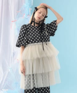 【+10%ポイントUP】異素材 チュールフリル ブラウス