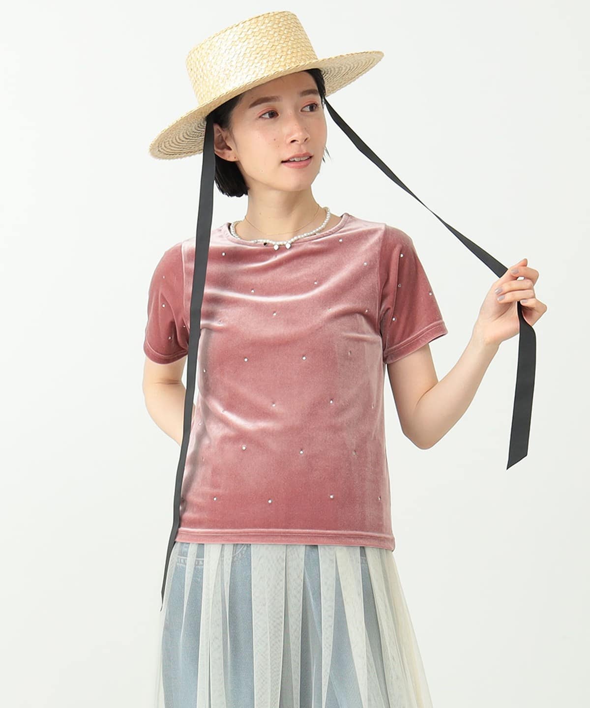 ラインストーン カットソー Tシャツ・カットソー WOMEN PINK ONE SIZE ラインストーン カットソー Tシャツ・カットソー WOMEN PINK ONE SIZE