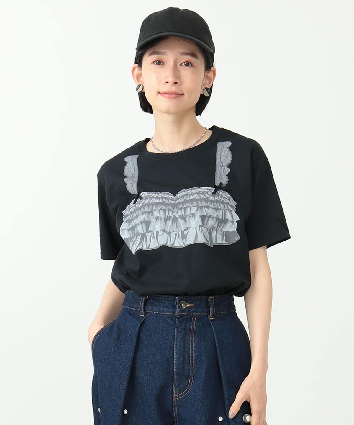 ビスチェプリント コットン Tシャツ Tシャツ・カットソー WOMEN BLACK ONE SIZE ビスチェプリント コットン Tシャツ Tシャツ・カットソー WOMEN BLACK ONE SIZE