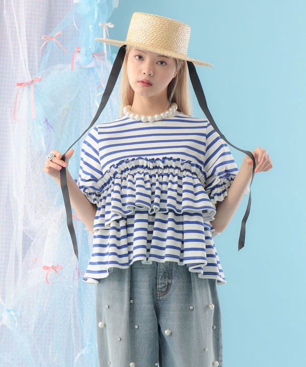 【タイムセール】ボーダー フリルカットソー Model : H163 B77 W60 H83　Size : ONE SIZE