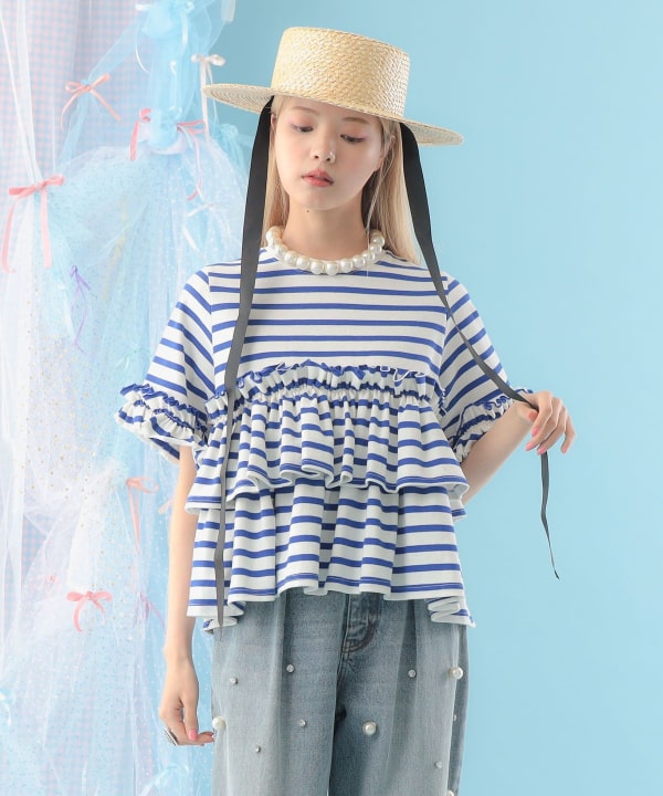 【タイムセール】ボーダー フリルカットソー Model : H163 B77 W60 H83　Size : ONE SIZE