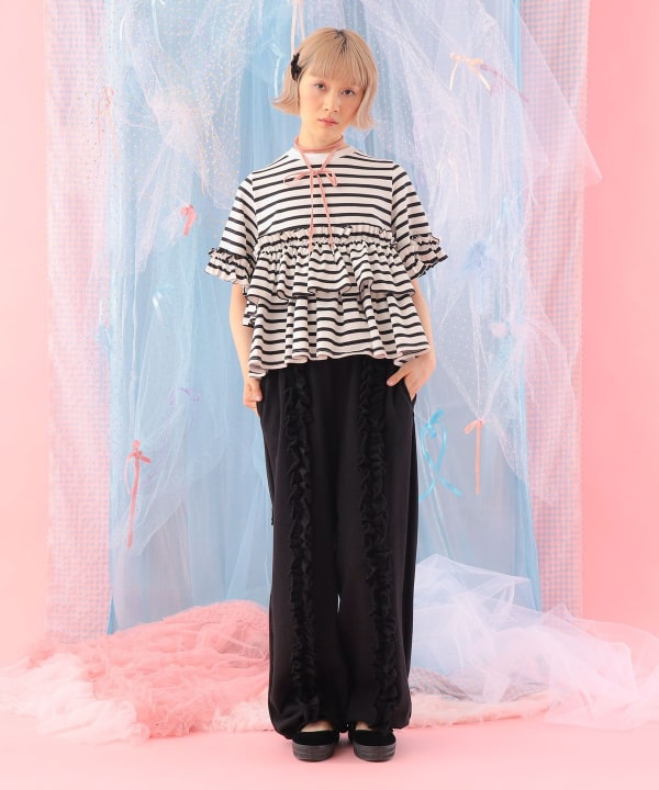 【タイムセール】ボーダー フリルカットソー Model : H161.5 B76 W64 H88　Size : ONE SIZE