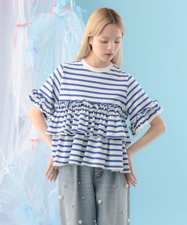 【タイムセール】ボーダー フリルカットソー Model : H163 B77 W60 H83　Size : ONE SIZE