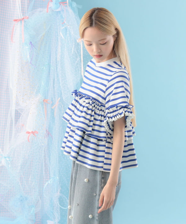【タイムセール】ボーダー フリルカットソー Model : H163 B77 W60 H83　Size : ONE SIZE
