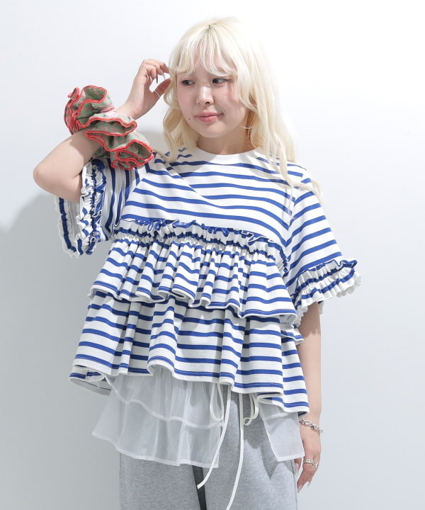 【タイムセール】ボーダー フリルカットソー BEAMS STAFF : H152　Size : ONE SIZE