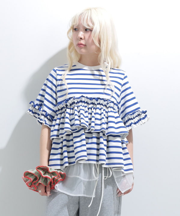 【タイムセール】ボーダー フリルカットソー BEAMS STAFF : H152　Size : ONE SIZE