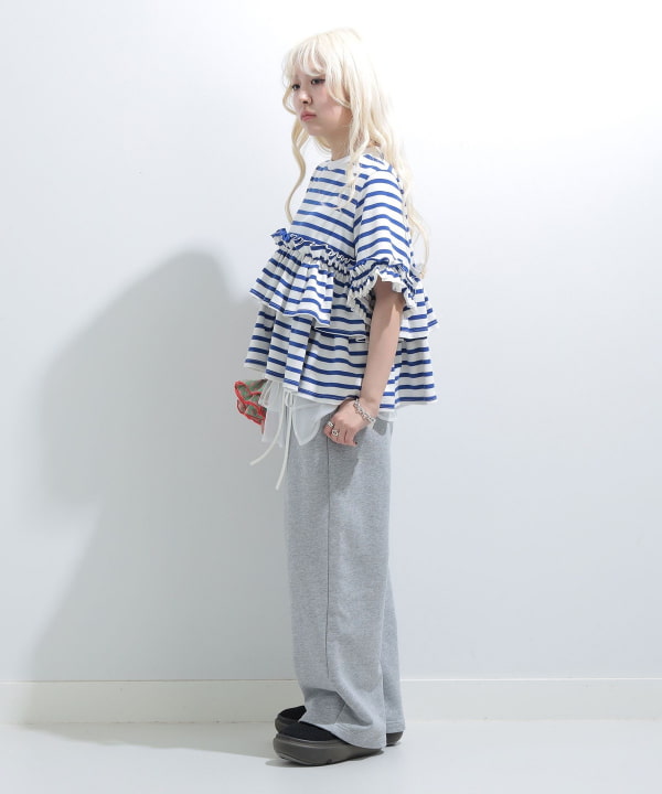 【タイムセール】ボーダー フリルカットソー BEAMS STAFF : H152　Size : ONE SIZE