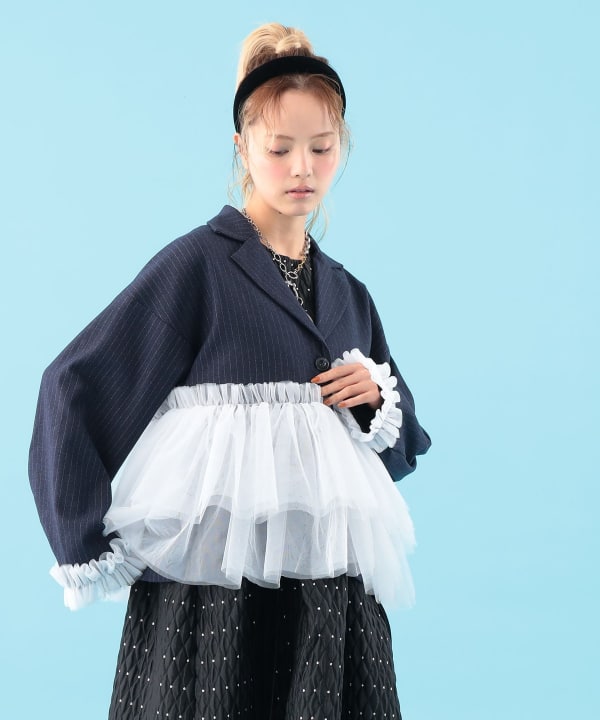 【+10%ポイントUP】裾チュール ジャケット Model : H163 B77 W60 H83　Size : ONE SIZE