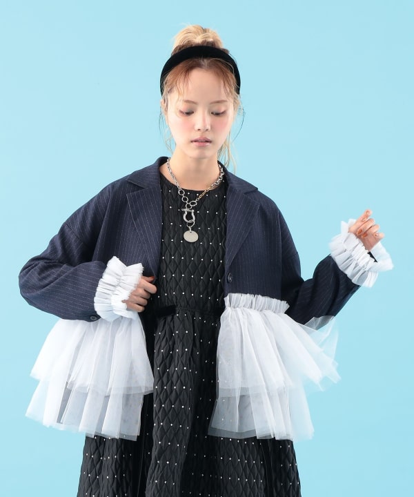 【+10%ポイントUP】裾チュール ジャケット Model : H163 B77 W60 H83　Size : ONE SIZE