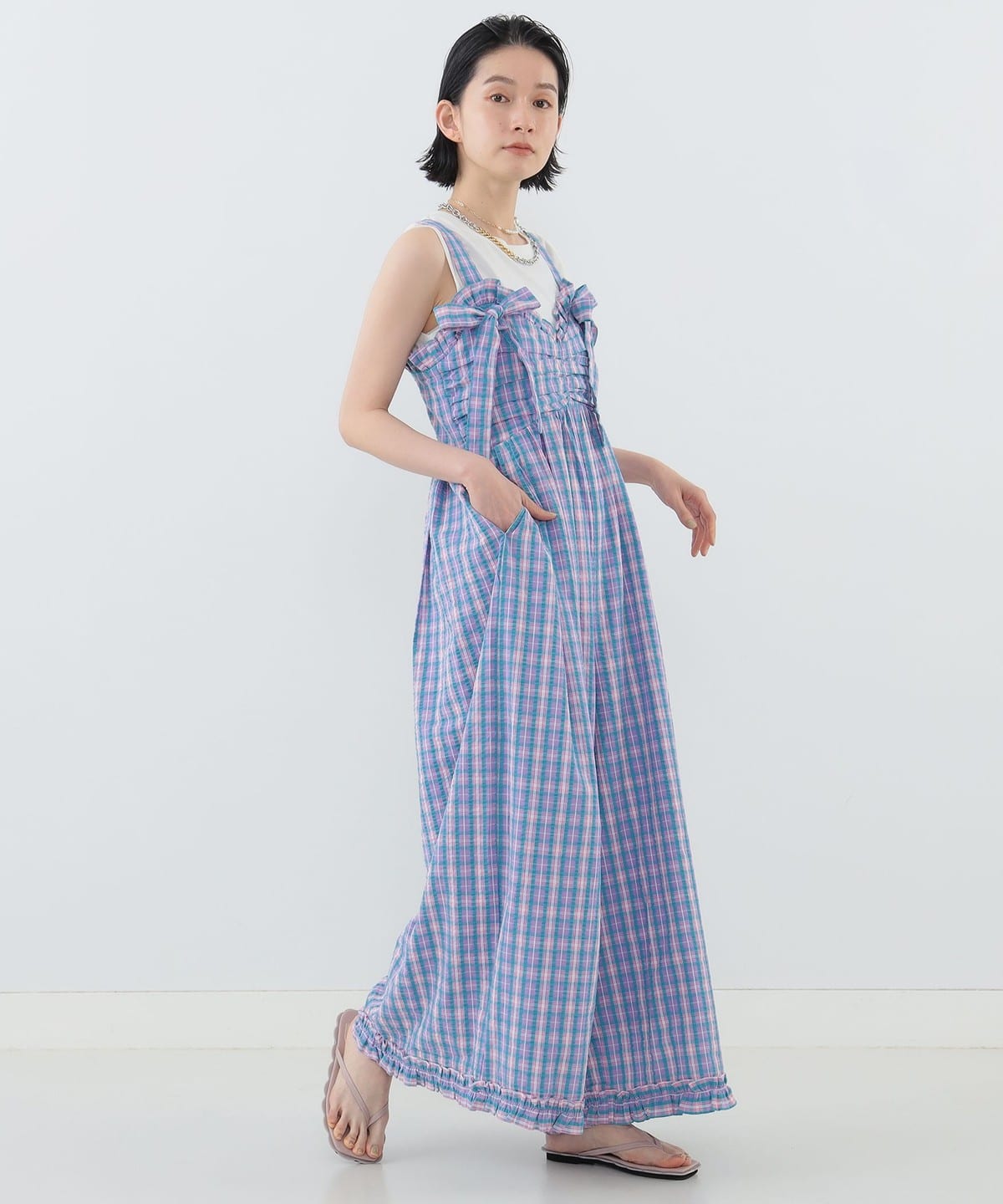 チェック柄 リボン フリル サロペット パンツ WOMEN LAVENDER S チェック柄 リボン フリル サロペット パンツ WOMEN LAVENDER S