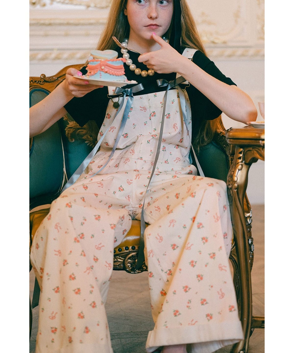 フラワーリボン柄 サロペット パンツ WOMEN PINK M フラワーリボン柄 サロペット パンツ WOMEN PINK M