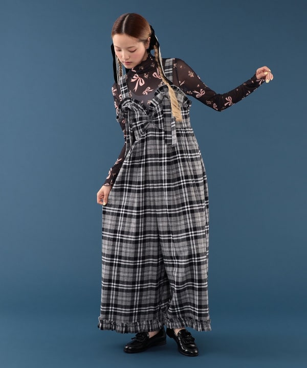 【+10%ポイントUP】チェック柄 リボン フリル サロペット Model : H163 B77 W60 H83　Size : S