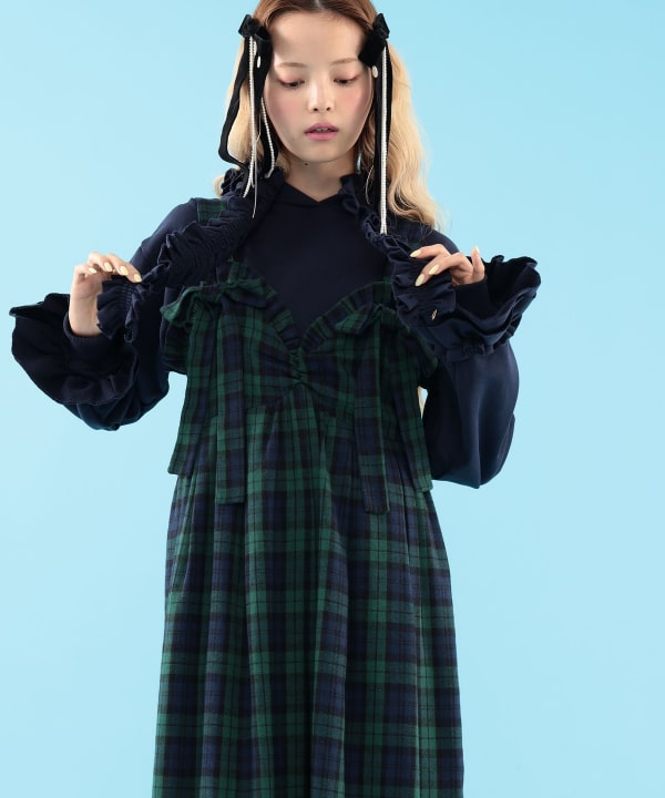 【+10%ポイントUP】チェック柄 リボン フリル サロペット Model : H163 B77 W60 H83　Size : M