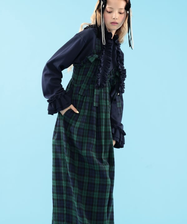 【+10%ポイントUP】チェック柄 リボン フリル サロペット Model : H163 B77 W60 H83　Size : M