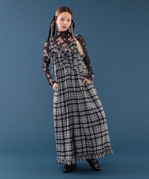 【+10%ポイントUP】チェック柄 リボン フリル サロペット Model : H163 B77 W60 H83　Size : S