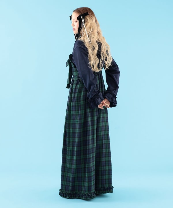 【+10%ポイントUP】チェック柄 リボン フリル サロペット Model : H163 B77 W60 H83　Size : M