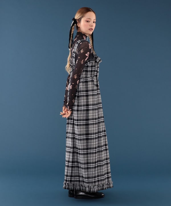 【+10%ポイントUP】チェック柄 リボン フリル サロペット Model : H163 B77 W60 H83　Size : S