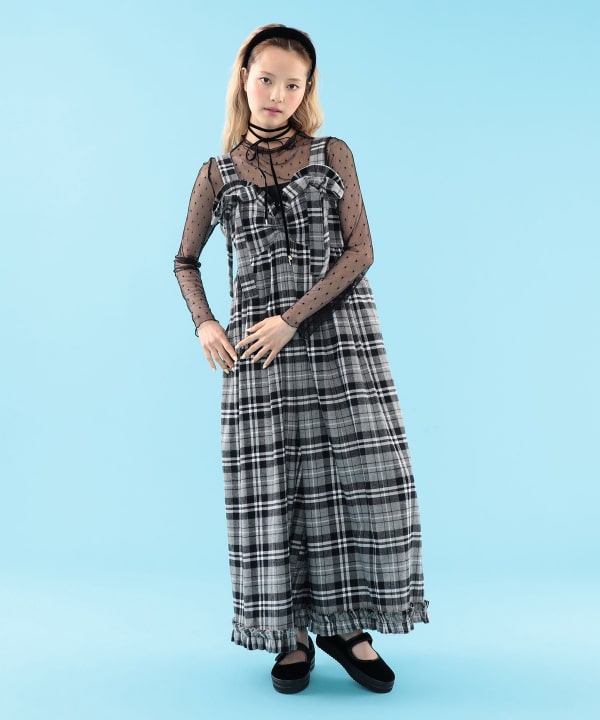 【+10%ポイントUP】チェック柄 リボン フリル サロペット Model : H163 B77 W60 H83　Size : S