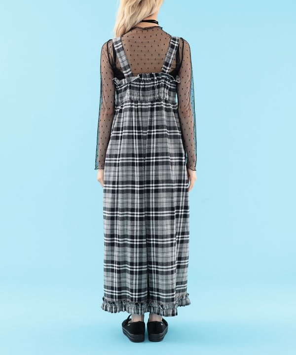 【+10%ポイントUP】チェック柄 リボン フリル サロペット Model : H163 B77 W60 H83　Size : S
