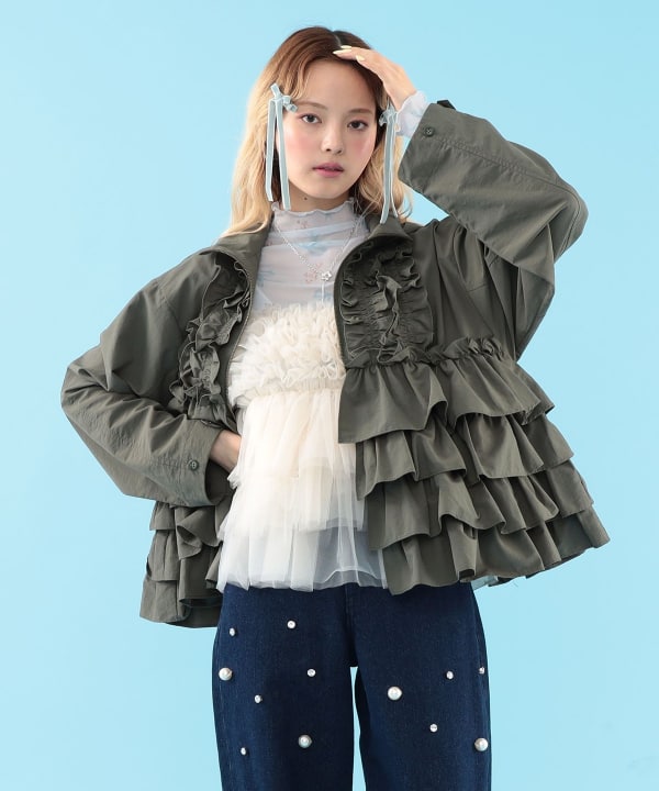 【+10%ポイントUP】フリル フード ブルゾン Model : H163 B77 W60 H83　Size : ONE SIZE