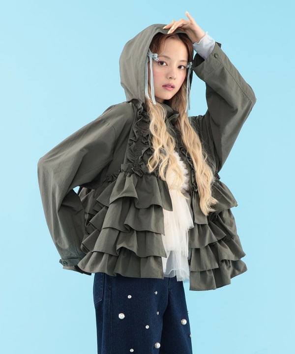 【+10%ポイントUP】フリル フード ブルゾン Model : H163 B77 W60 H83　Size : ONE SIZE