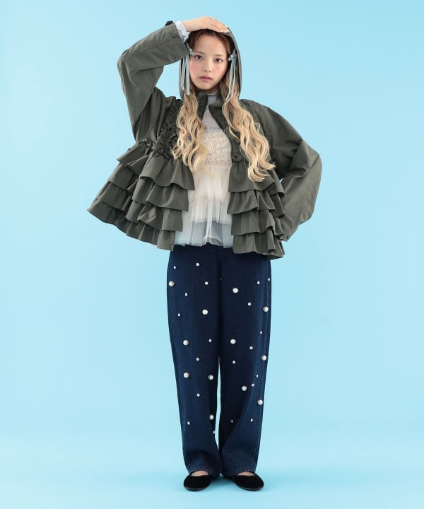 【+10%ポイントUP】フリル フード ブルゾン Model : H163 B77 W60 H83　Size : ONE SIZE