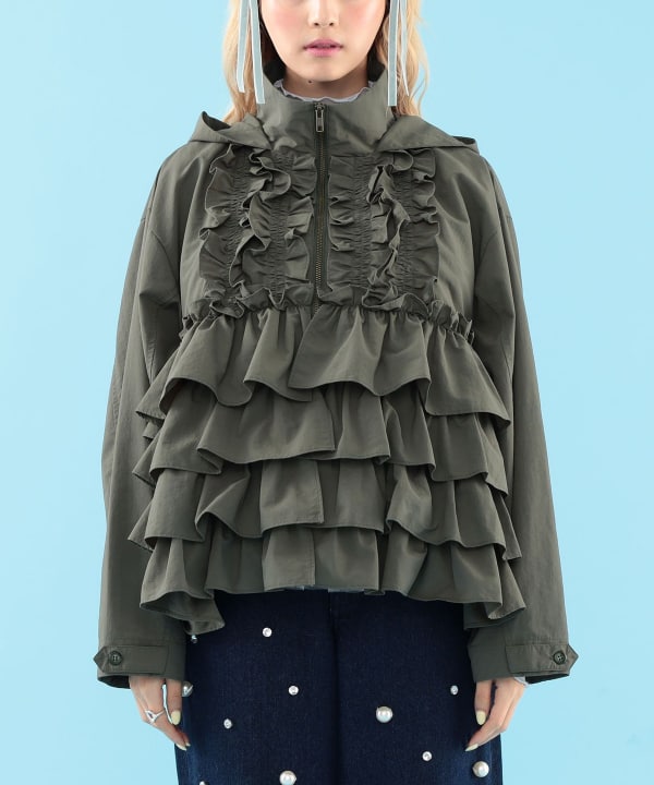 【+10%ポイントUP】フリル フード ブルゾン Model : H163 B77 W60 H83　Size : ONE SIZE